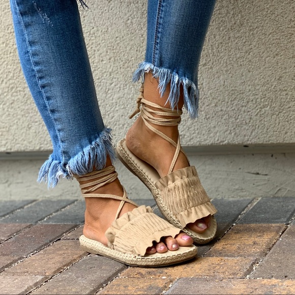 Cream Scrunch Vamp Lace Up Espadrille Sandals - Picture 4 of 8